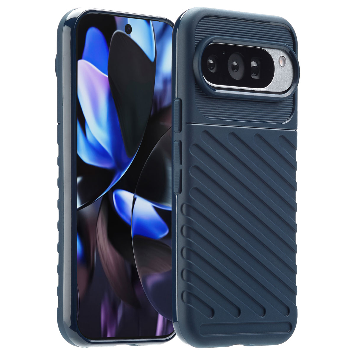 Un téléphone dans un étui bleu, légèrement incliné. L'étui a un design strié.