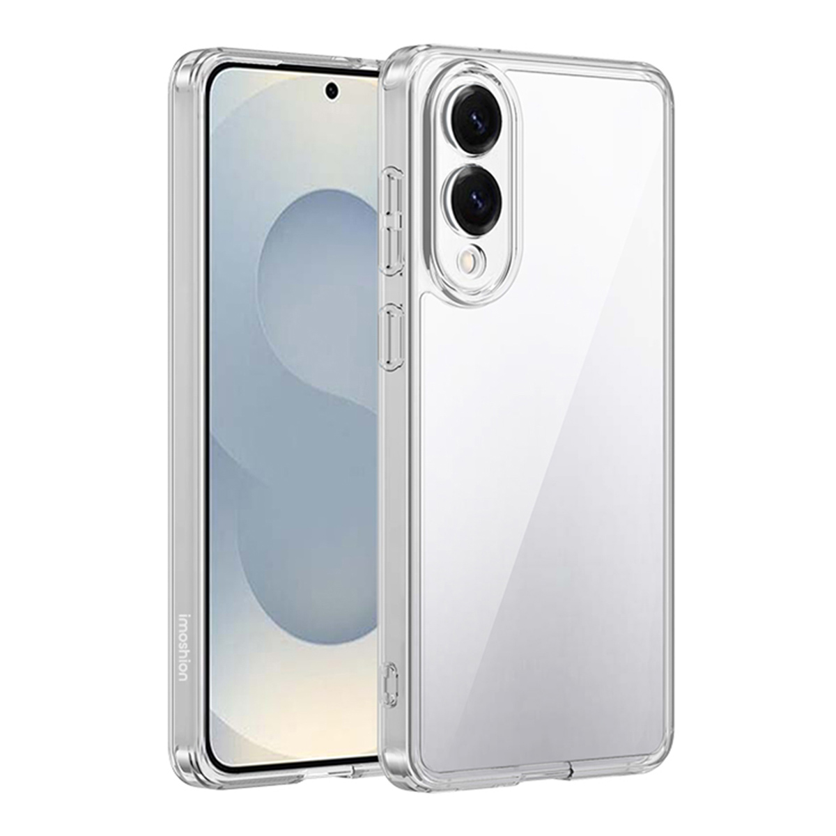 Custodia trasparente per telefono con un telefono all'interno. La custodia è trasparente, mostrando lo schermo e la fotocamera del telefono.