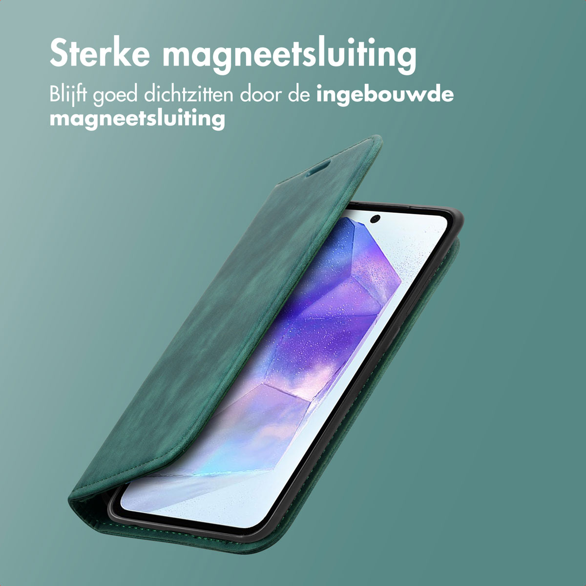 Groene telefoonhoes met telefoon. Opent, toont scherm. Tekst: 'Sterke magneetsluiting'.