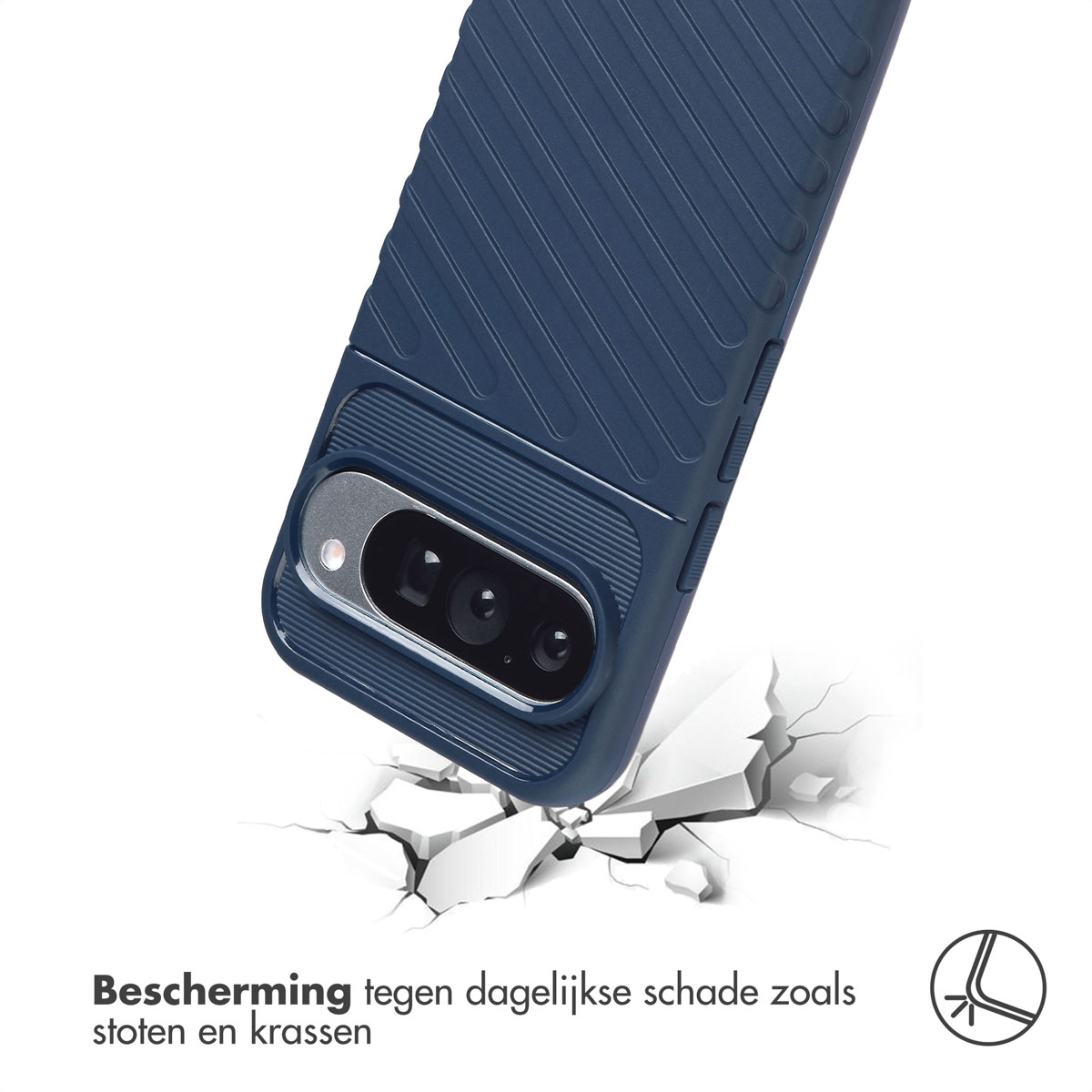 Une coque de téléphone bleue avec un téléphone à l'intérieur, sur une surface fissurée. Caméra visible.