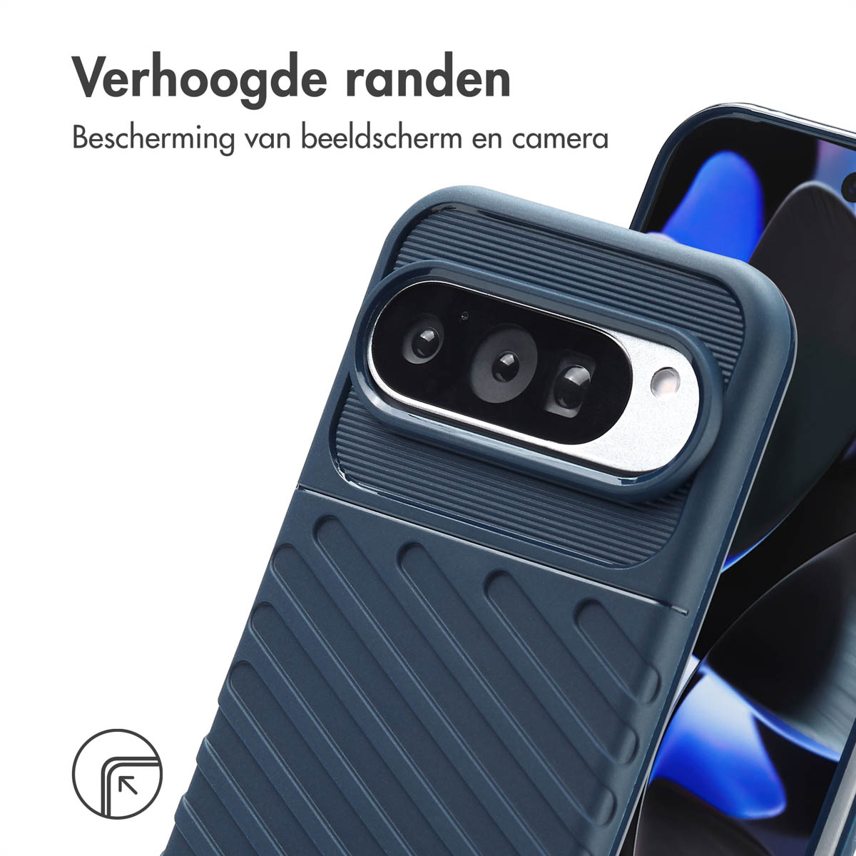 Coque de téléphone bleue avec téléphone. Caméra visible. Texte : 'Verhoogde randen'.