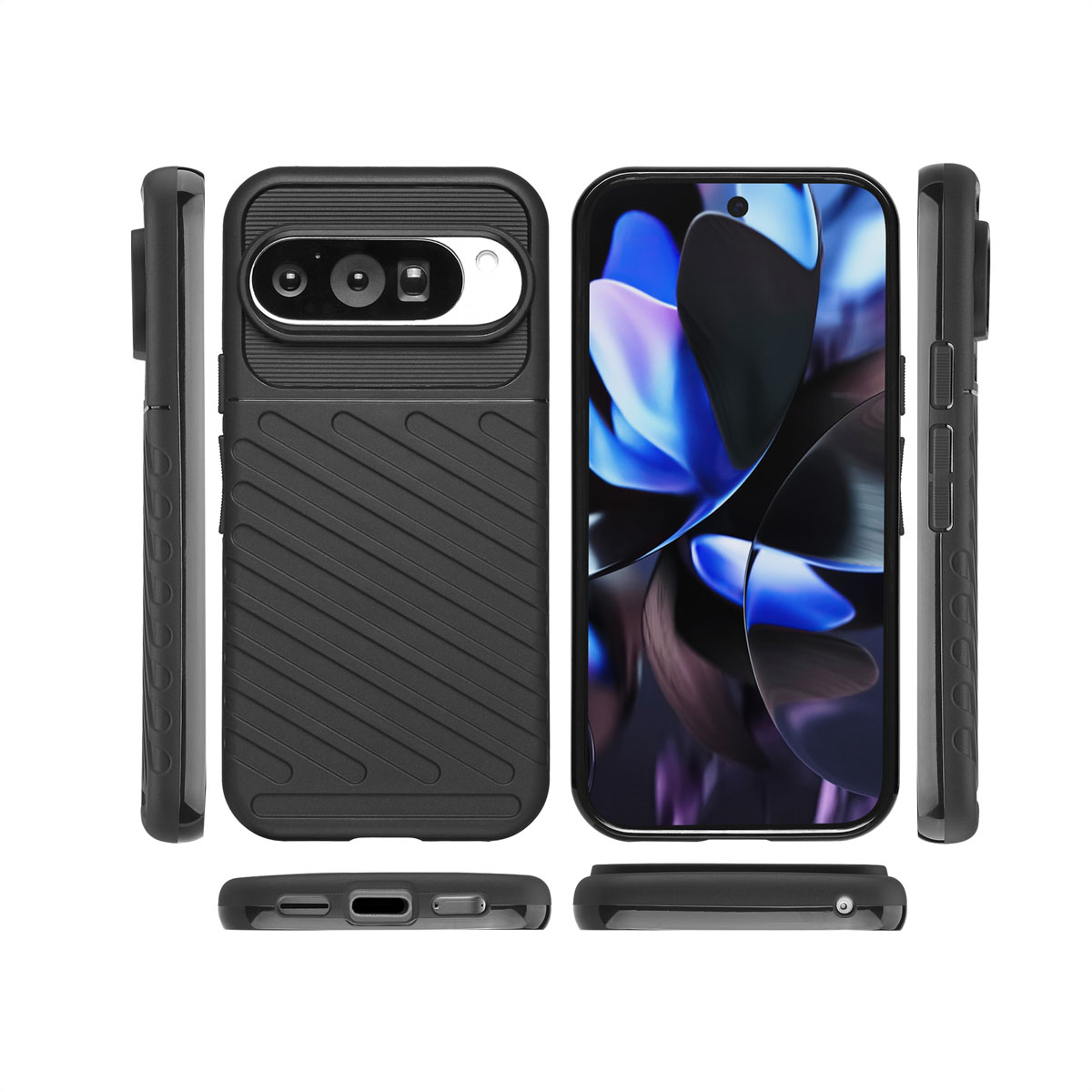 Une coque de téléphone noire. Il existe plusieurs vues de la coque, y compris les côtés et la partie de la caméra.