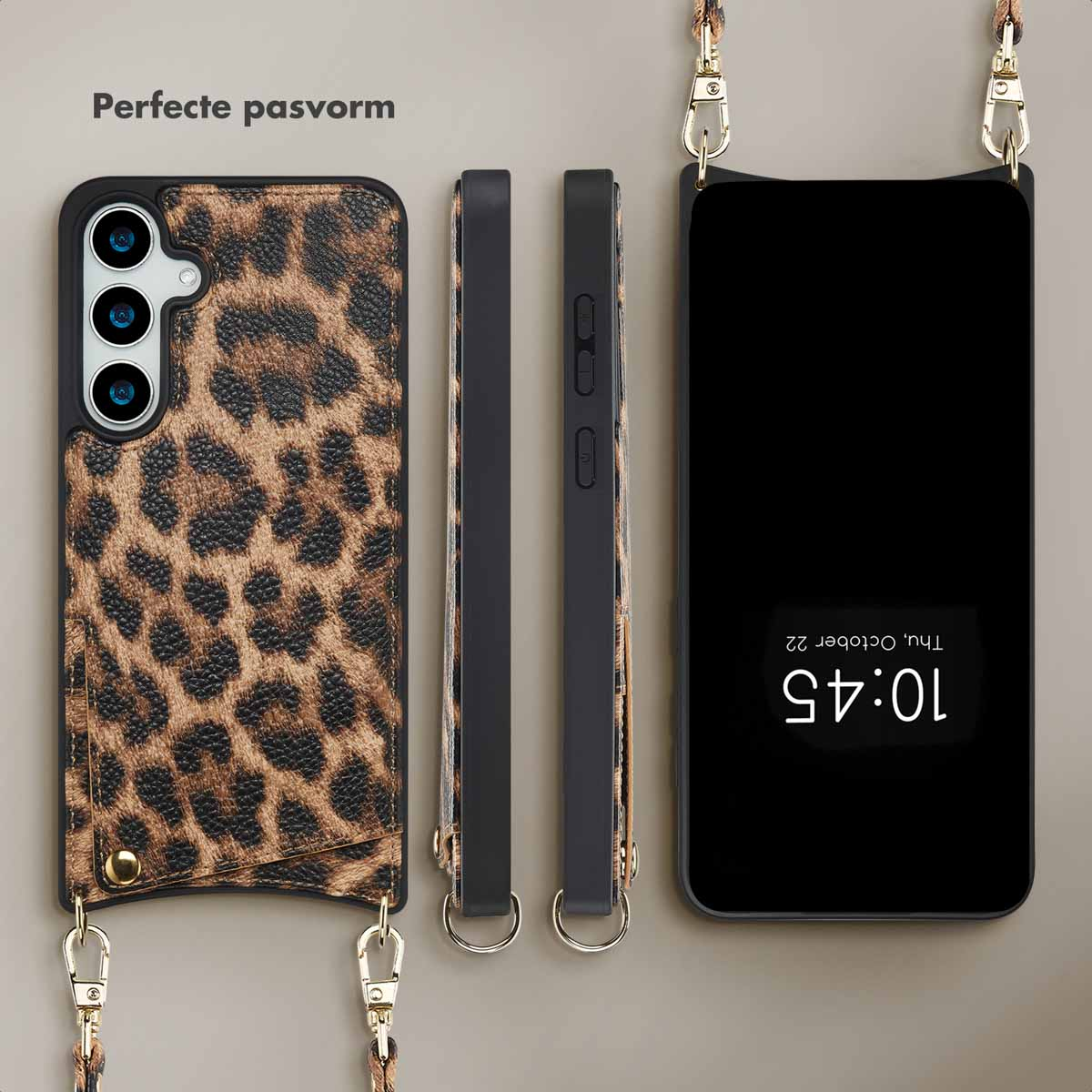 Set van telefoonhoes-onderdelen met luipaardpatroon. Een telefoon met riem, twee zijkanten en een telefoon.