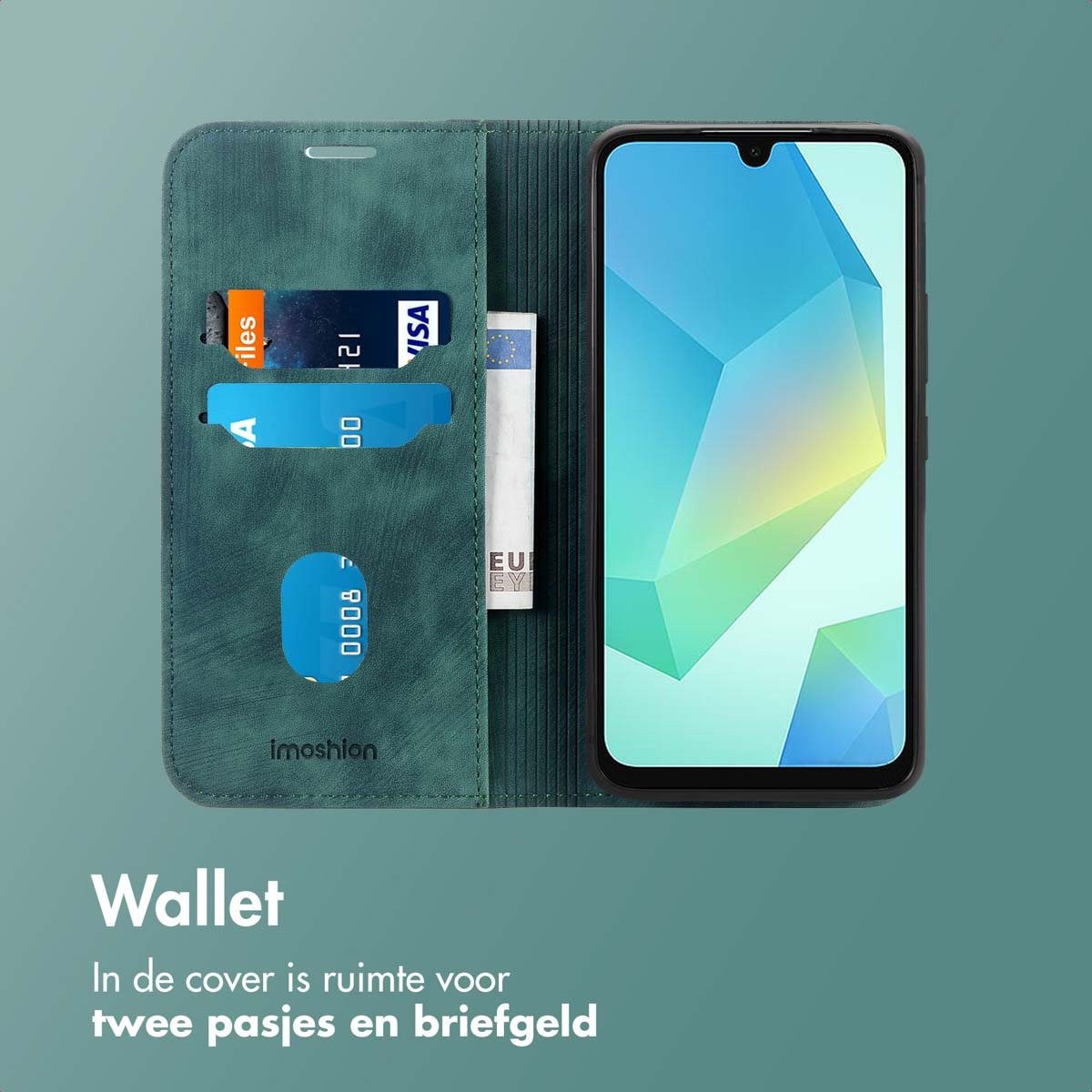 A phone case that doubles as a wallet, with slots for cards and cash, shown against a teal backdrop.