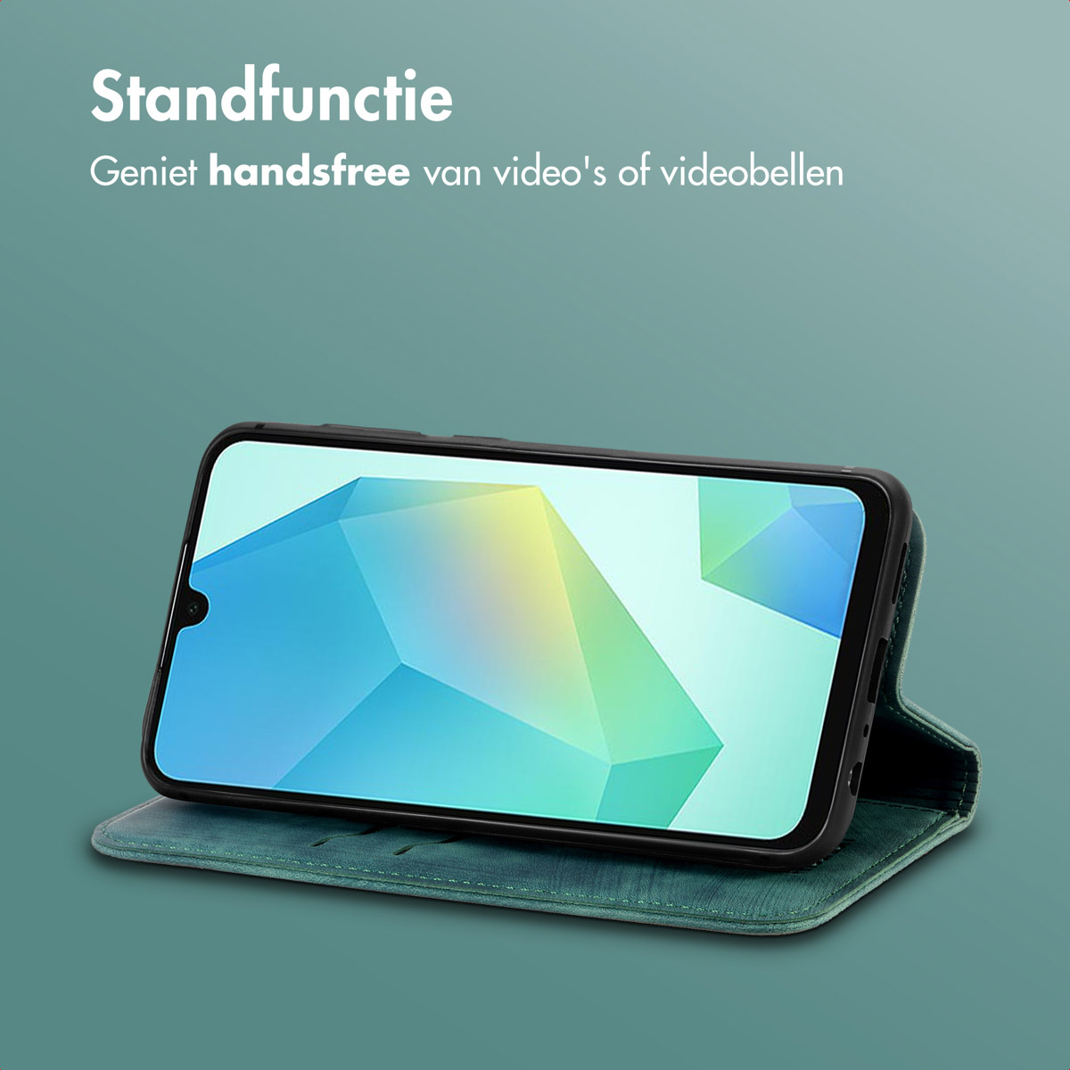 Phone in an open case on a green background. Text says 'Stand function'.