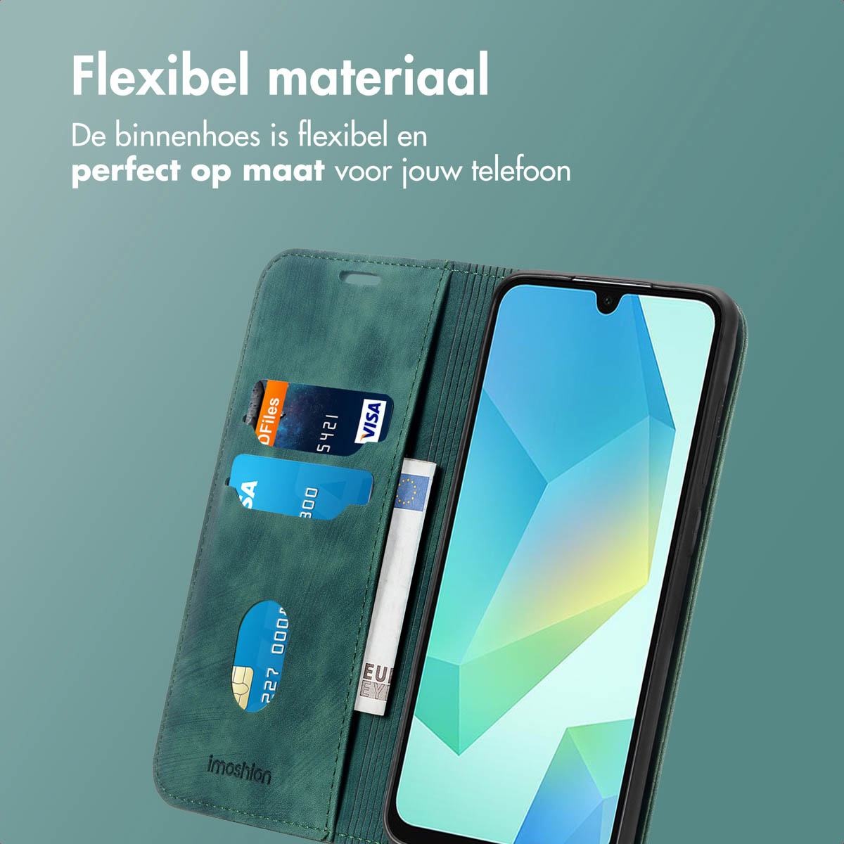A green leather phone case with cards and money inside. The phone screen is visible.