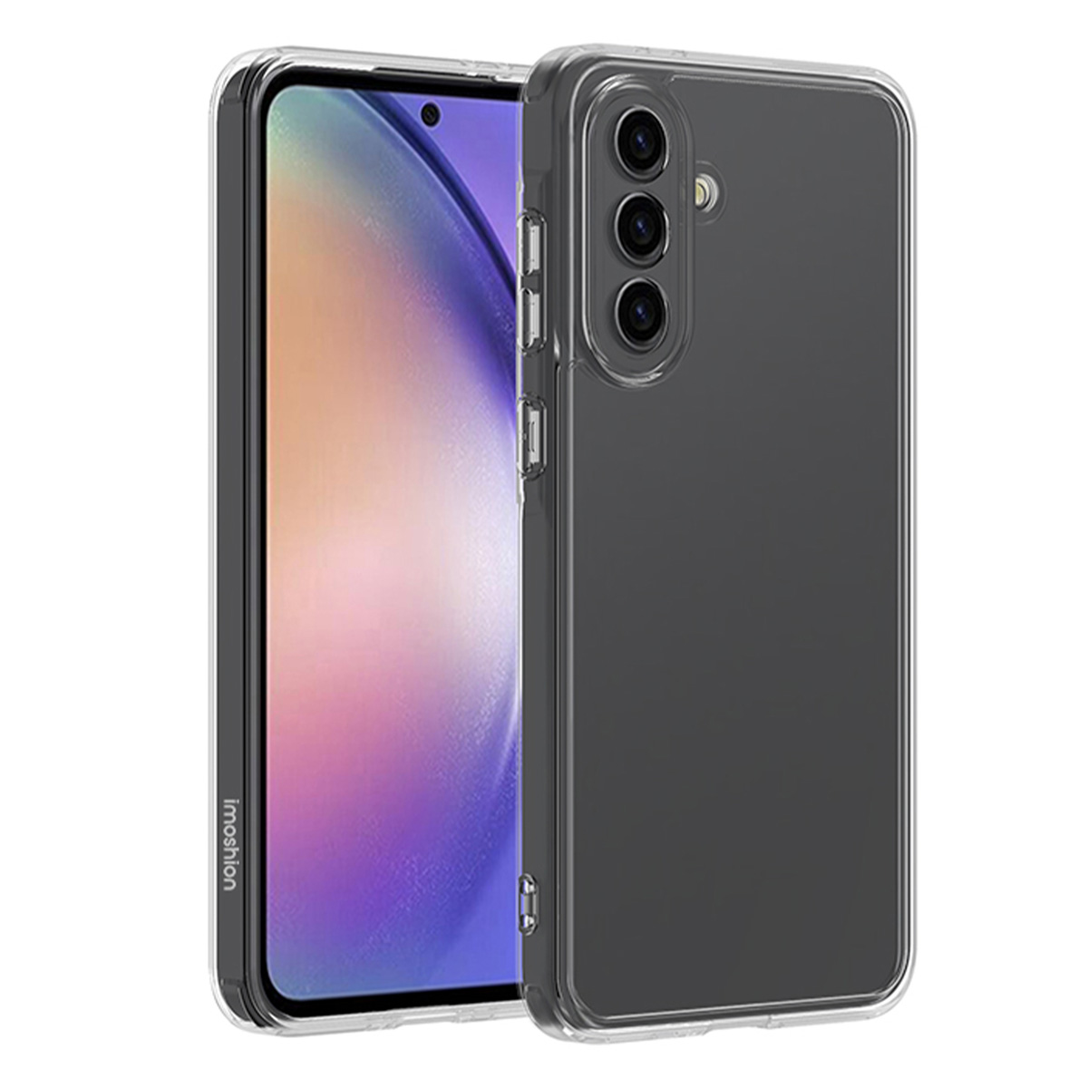 Een doorzichtige telefoonhoes op een witte achtergrond. De telefoon is erin zichtbaar.