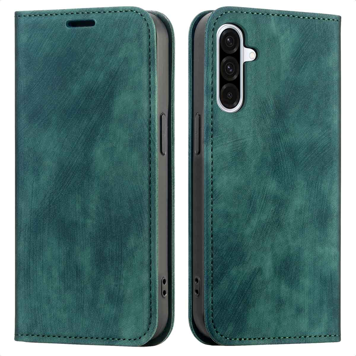 Une coque de téléphone en cuir vert, ouverte, montrant un écran de téléphone.