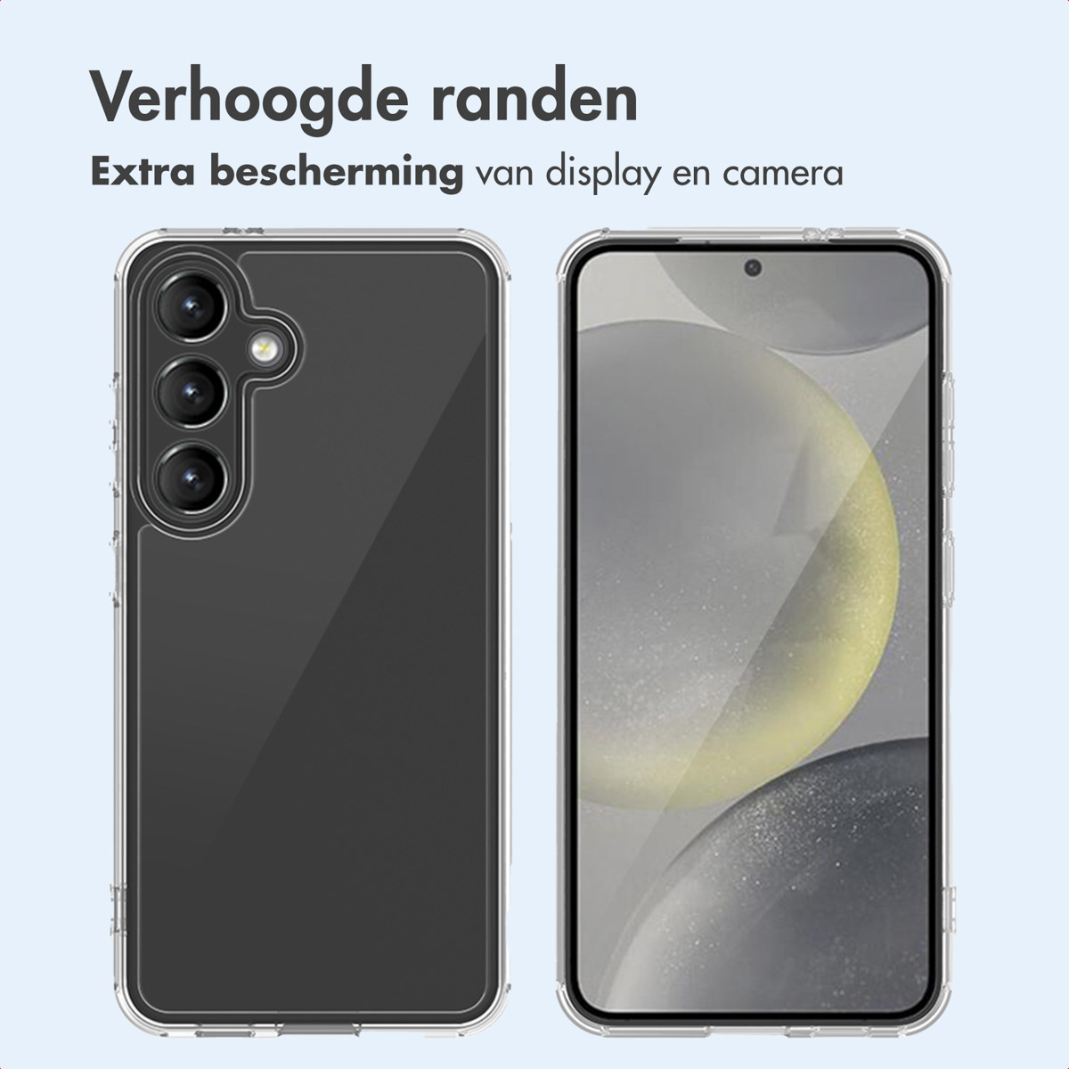 Due custodie trasparenti per telefono sono mostrate affiancate. Entrambe le custodie hanno telefoni all'interno, che mostrano schermi e fotocamera.