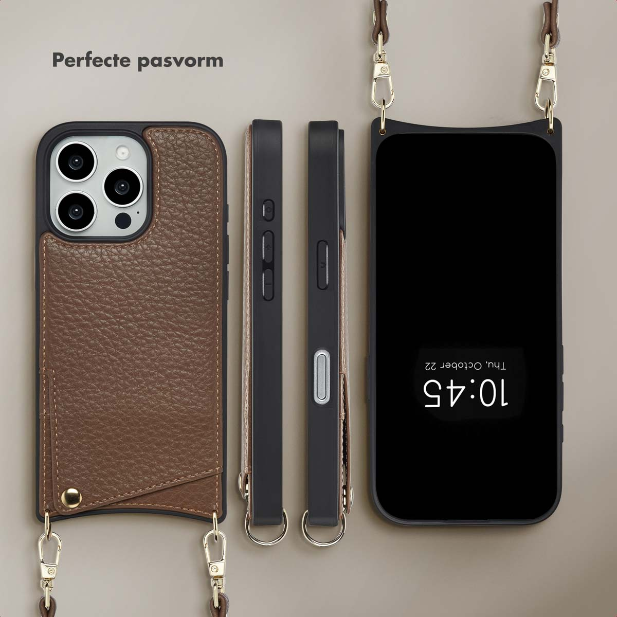 Telefoonhoesje en riem. Hoesje heeft bruin leer, riem en telefoon zijn apart. Telefoon toont tijd.