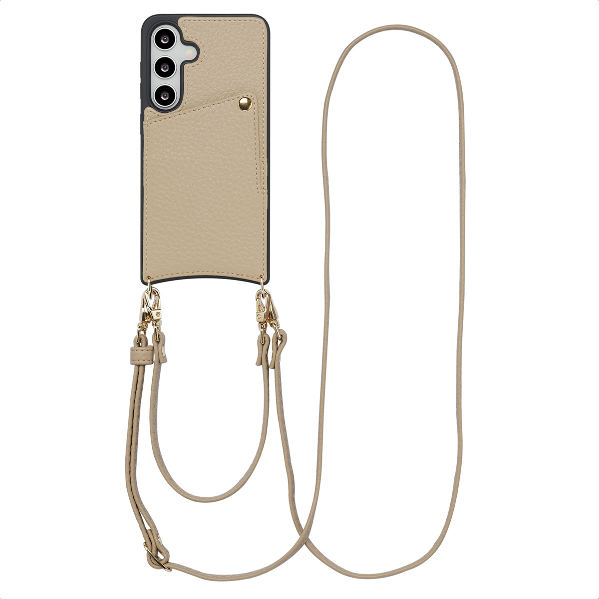 Coque de téléphone avec lanière. Caméra et téléphone à gauche. Fond neutre.