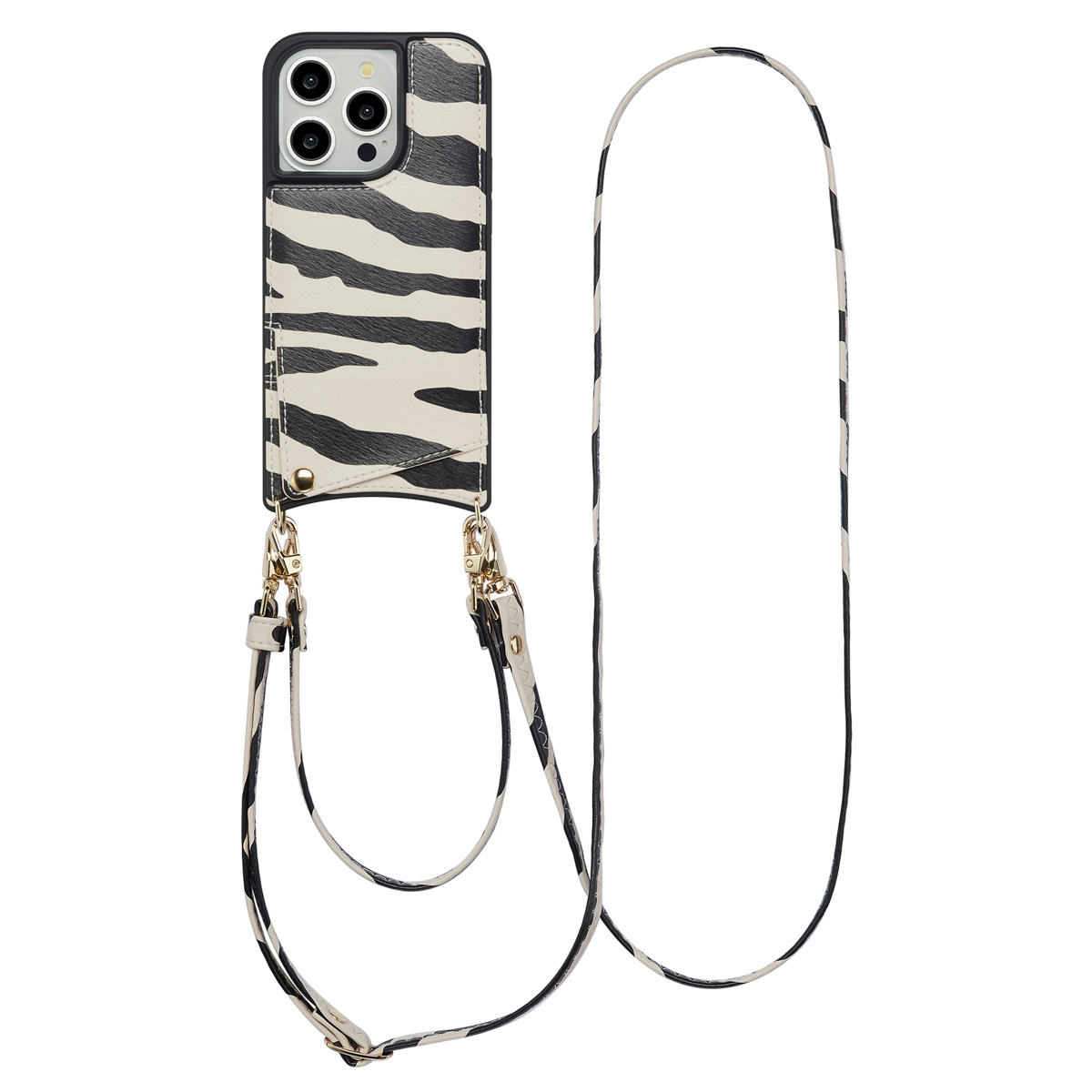 Telefoonhoesje met zebraprint en een riem. De telefoon heeft meerdere camera's.
