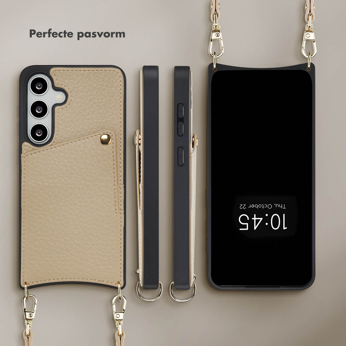 Une coque de téléphone avec appareil photo et écran noir avec texte. Il y a trois angles de la coque.