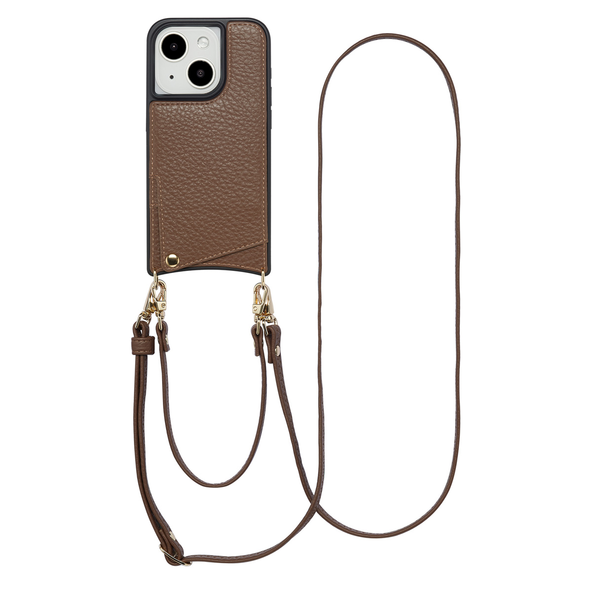 Une coque de téléphone marron avec une sangle attachée. La coque du téléphone est devant un fond blanc.