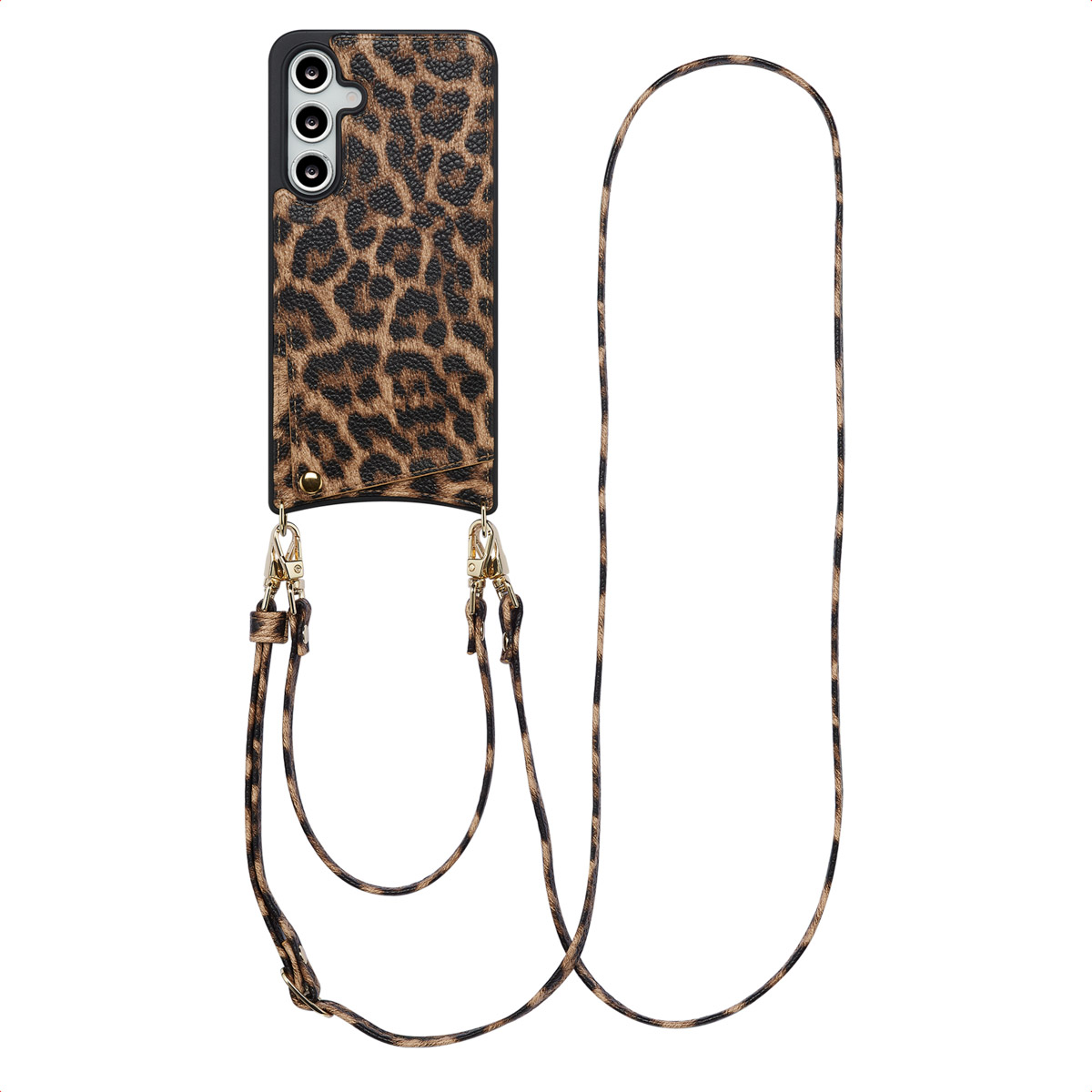 Telefoonhoesje met luipaardprint en een riem. De telefoon heeft meerdere camera's.