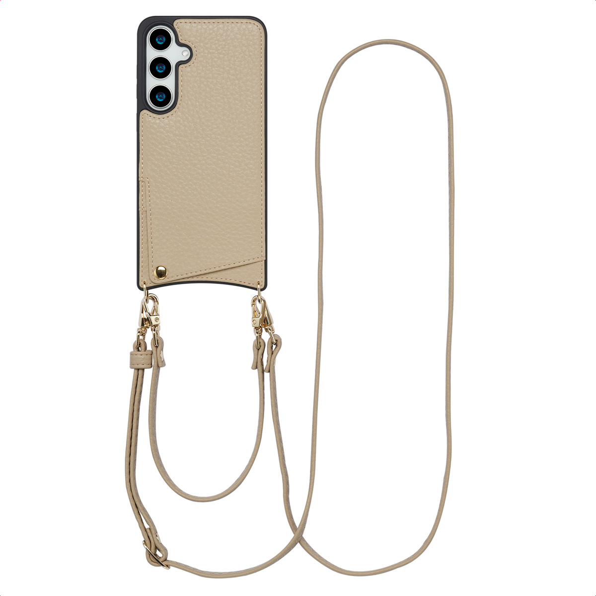 Een beige telefoonhoesje met een riem eraan. Het telefoonhoesje staat voor een witte achtergrond.