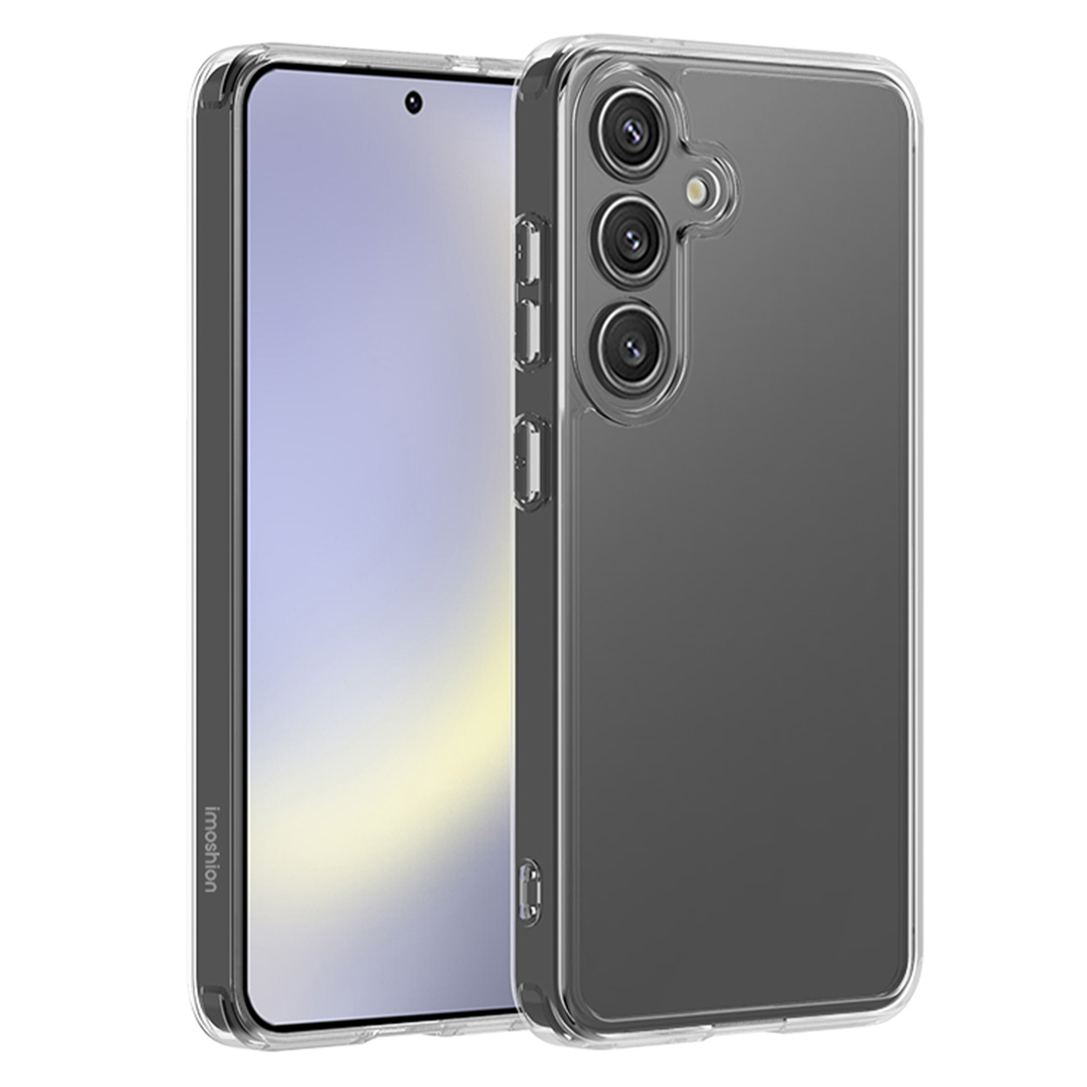 Una custodia trasparente per telefono su sfondo bianco. La custodia del telefono ha una fotocamera e uno schermo nero.