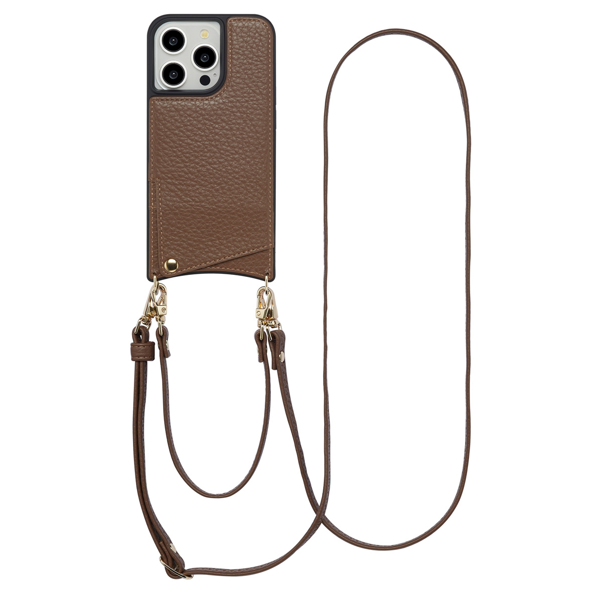 Een bruin telefoonhoesje met een riem eraan. Het telefoonhoesje staat voor een witte achtergrond.