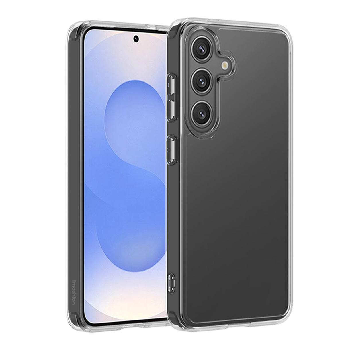 Telefono in una custodia trasparente, angolato. Il telefono ha più fotocamere. La custodia ha il logo del marchio.