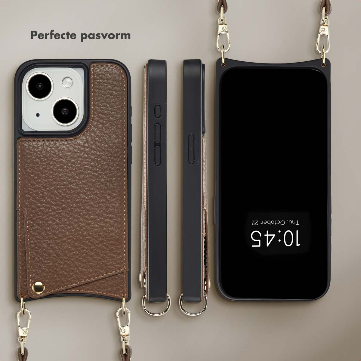 Plusieurs étuis de téléphone. Un avec une texture de cuir marron et des bords noirs, et l'autre montrant l'écran.