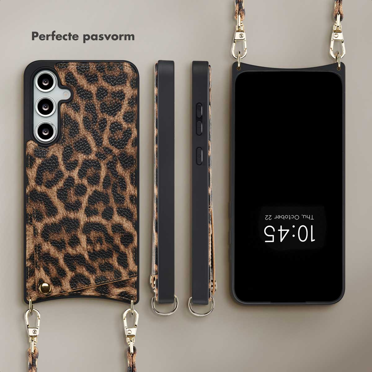 Telefoonhoesje met luipaardprint en een riem. De telefoon heeft meerdere camera's.