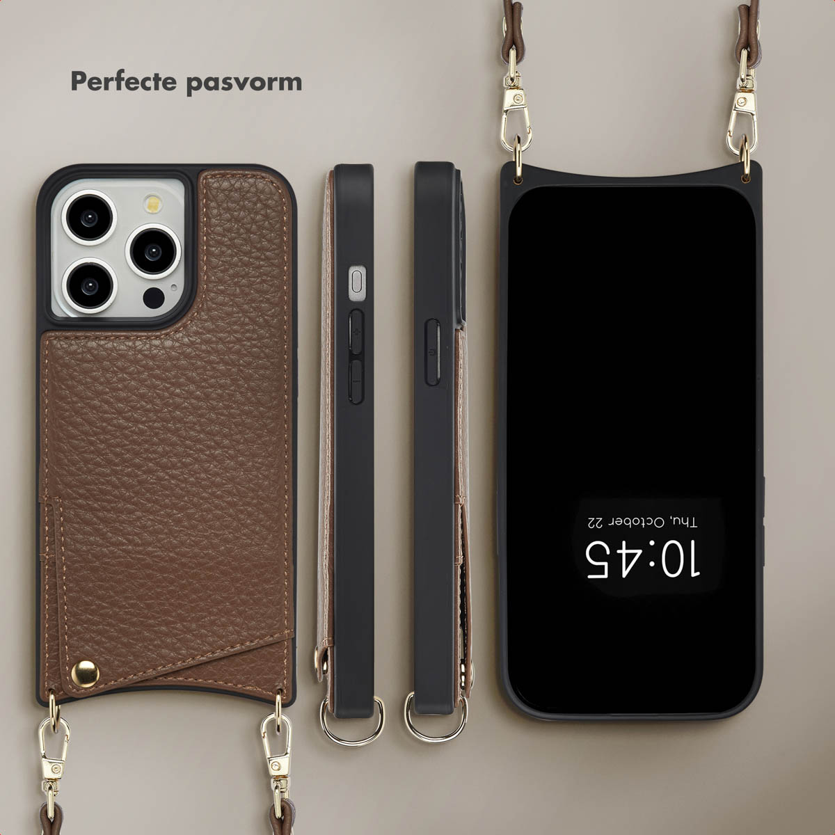 Telefoonhoesje en riem. Hoesje heeft bruin leer, riem en telefoon zijn apart. Telefoon toont tijd.