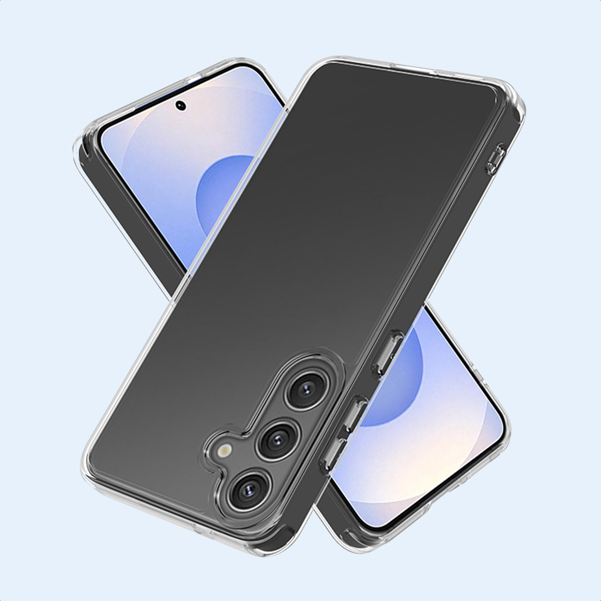 Due custodie trasparenti per telefono, una su un telefono con schermo e l'altra mostra le fotocamere.