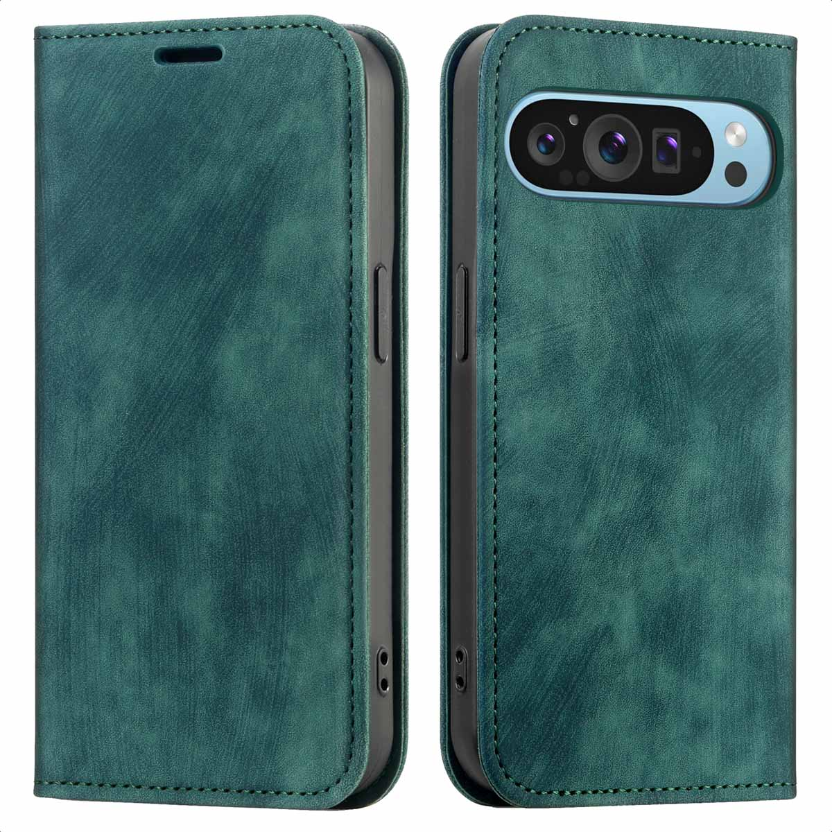 Twee leren telefoonhoesjes, één open en één dicht. De open hoes toont een scherm, de dichte is effen.