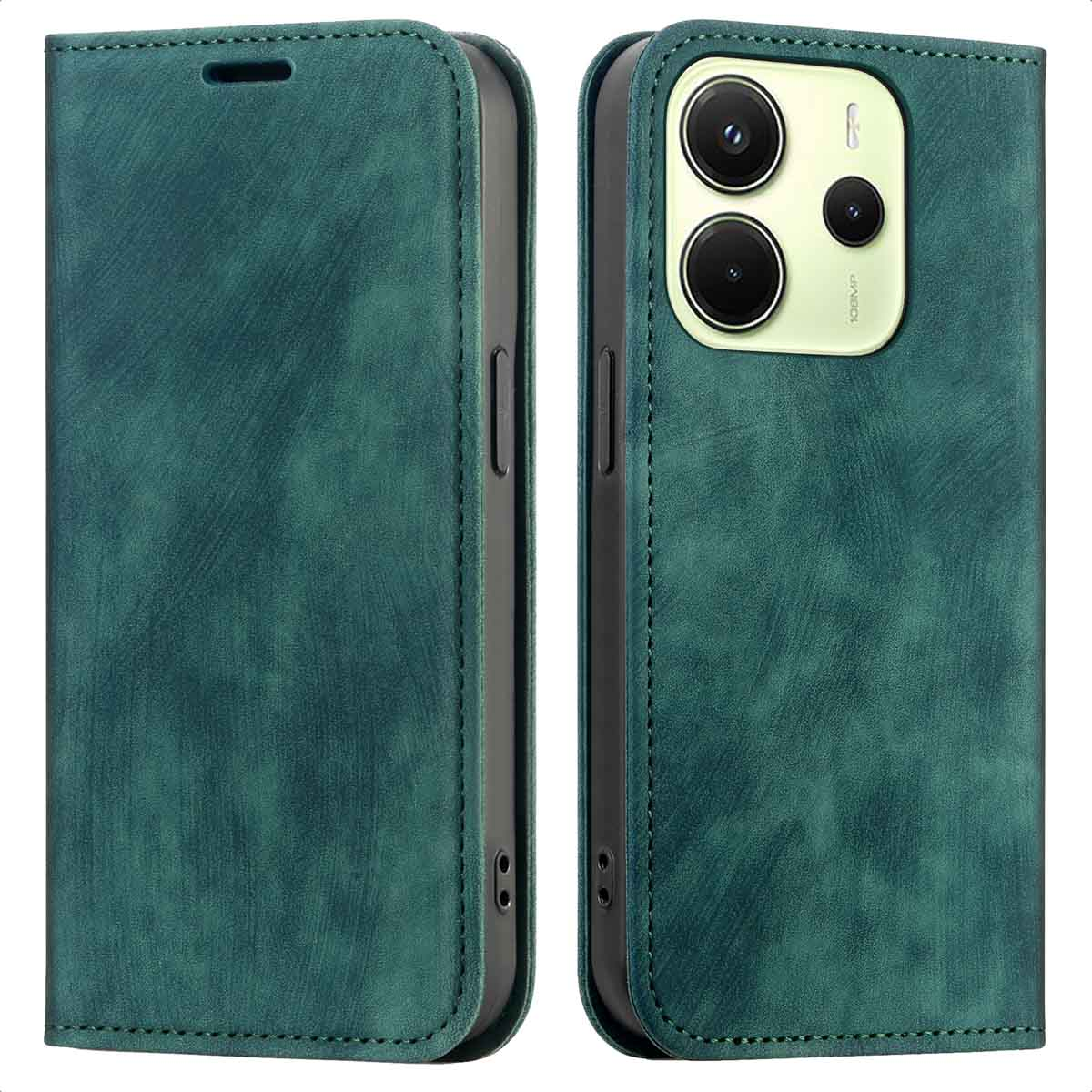 Een groene telefoonhoes. De hoes is een portemonnee-stijl. Het beschermt de telefoon. Open en gesloten weergave.