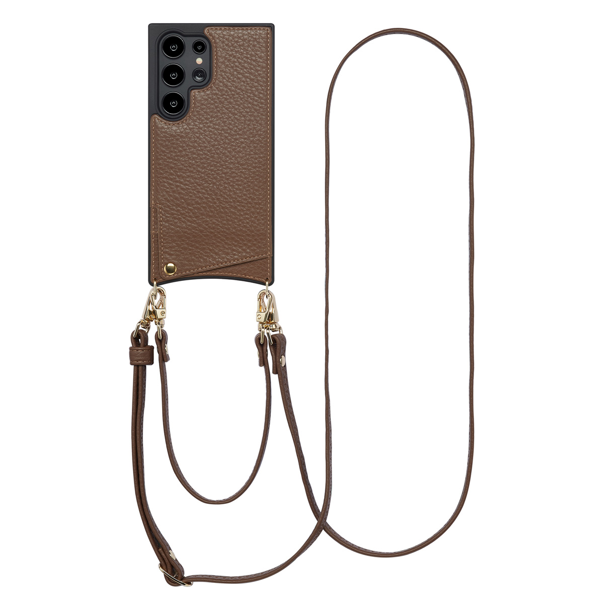 Een bruine telefoonhoes met een riem. De riem is bruin en de case is bevestigd aan een telefoon met camera's.