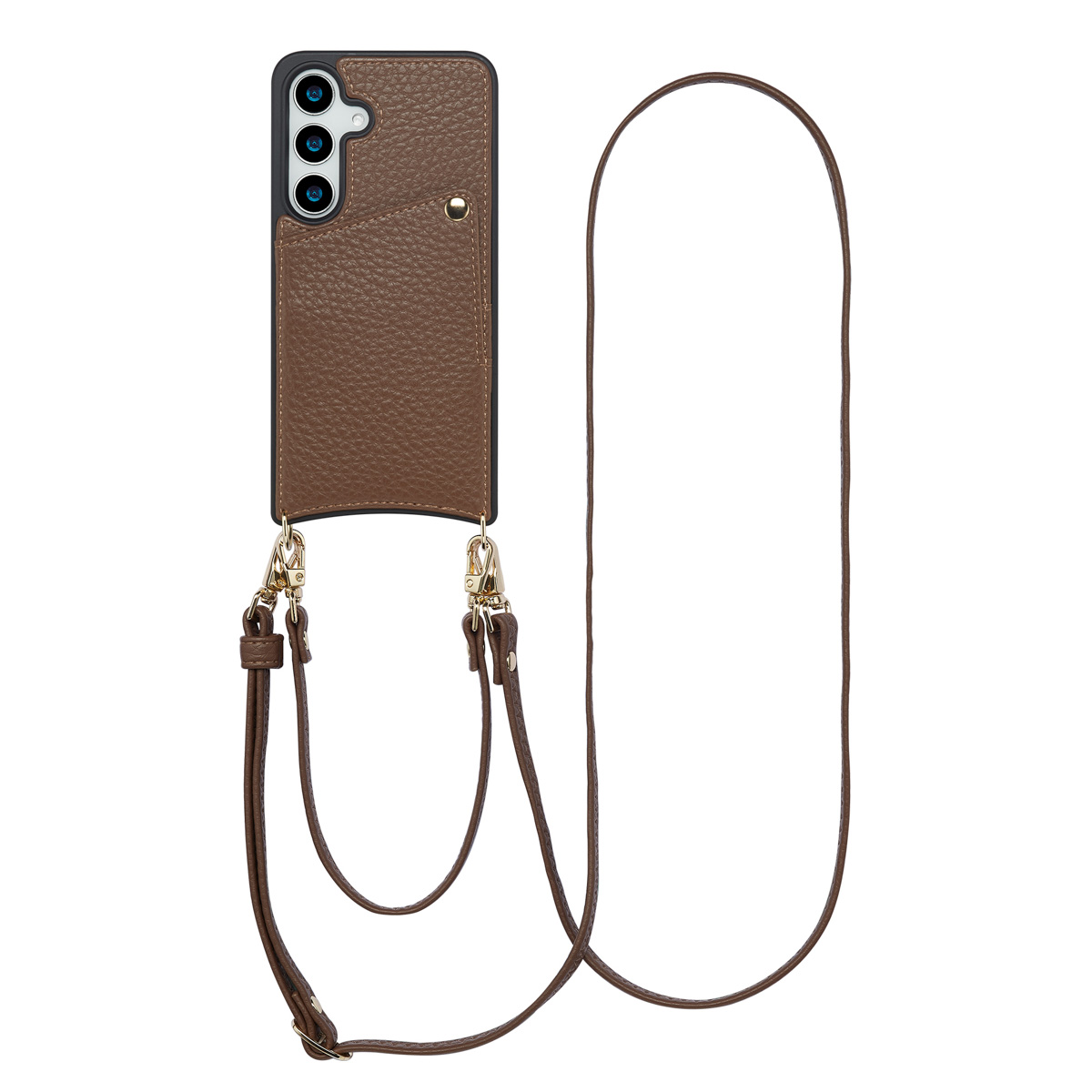 Un étui de téléphone marron avec une sangle. L'étui est fixé à un téléphone. La sangle est marron et des clips dorés sont visibles.