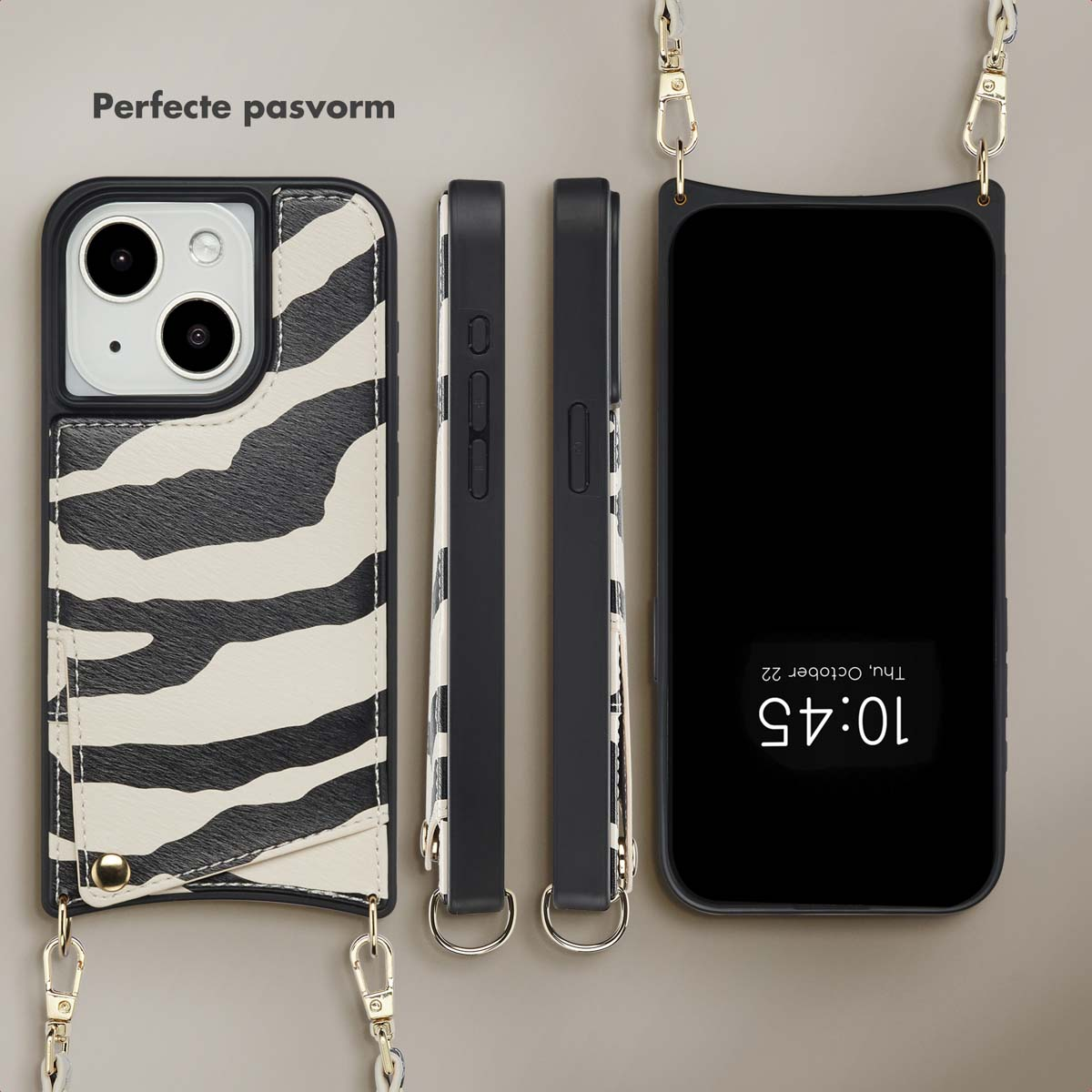Telefoonhoesje met zebrapatroon. Telefoon, zijaanzichten en een telefoon met tijdweergave.