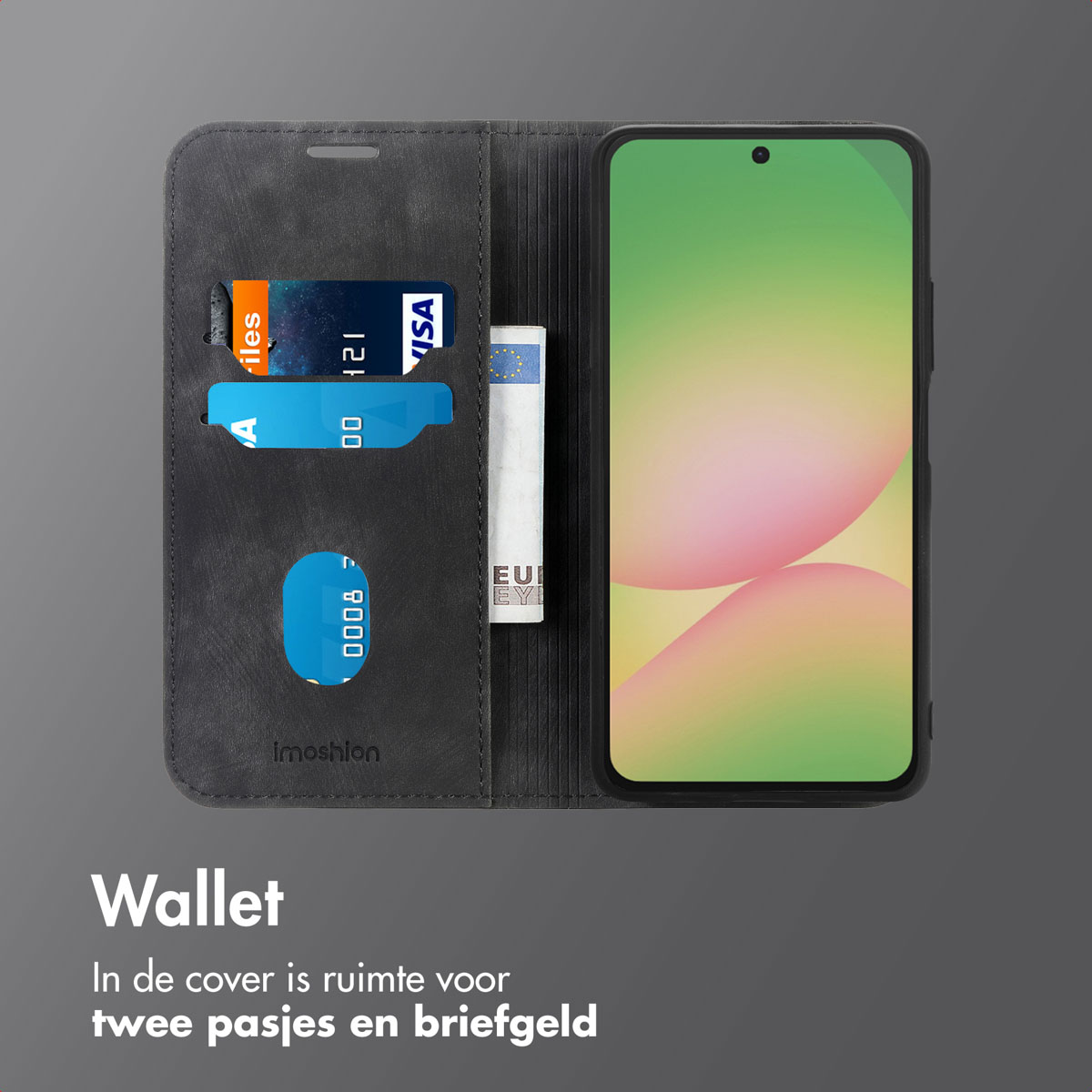 Un étui de téléphone avec un téléphone à l'intérieur. Il comporte des fentes pour cartes et un billet. L'écran affiche des graphiques colorés.