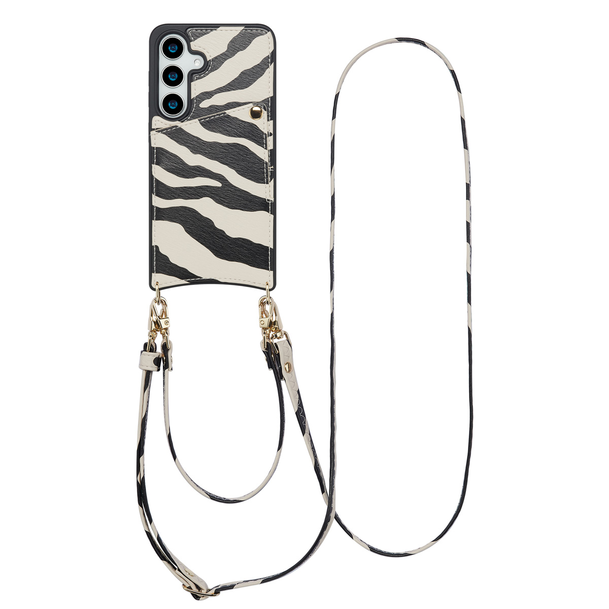 Een telefoon met een zebrapatroonhoesje en een riempje wordt getoond.