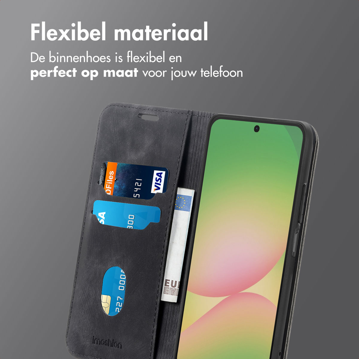Un étui de téléphone avec des cartes et un billet. L'écran affiche des graphiques colorés. L'étui est noir.