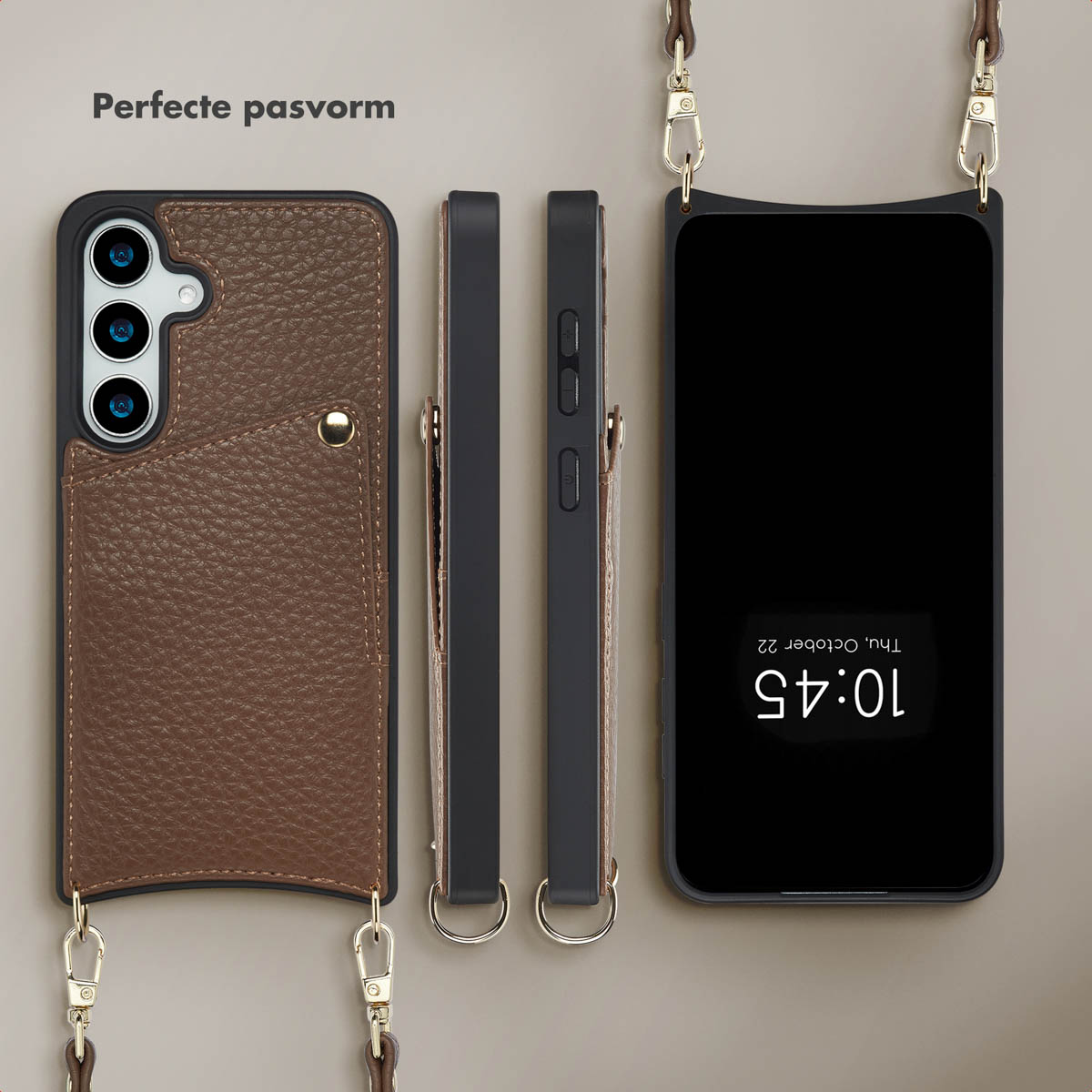 Trois étuis de téléphone : cuir marron, cuir noir et téléphone affichant l'heure. Tous avec des lanières.