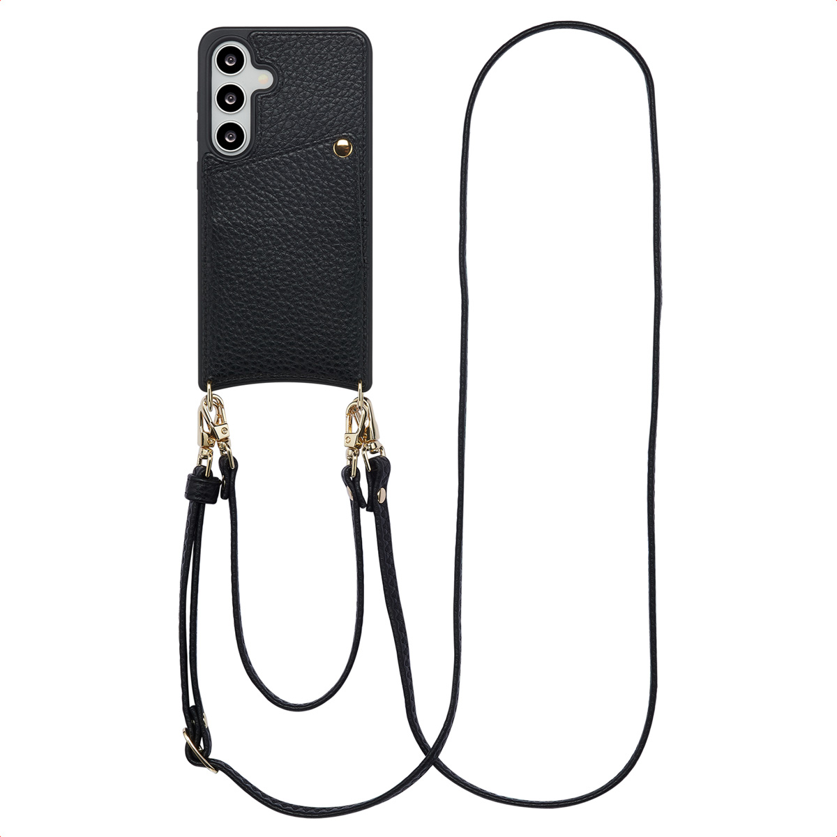 Coque de téléphone noire avec une lanière et un téléphone noir.
