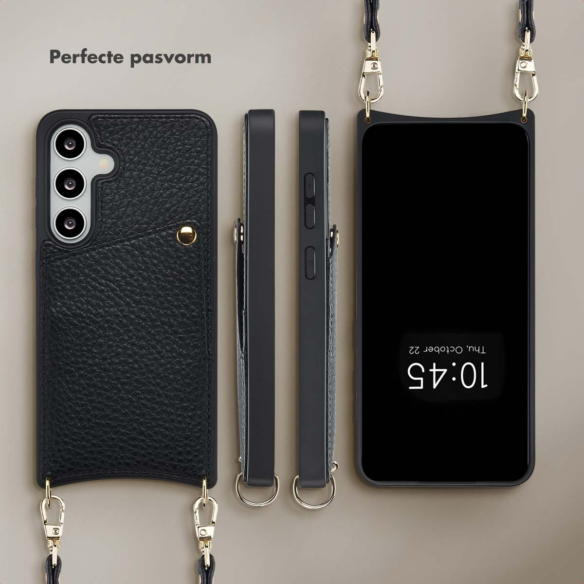 Trois étuis de téléphone : cuir noir, cuir noir et un téléphone avec écran noir. Tous avec des lanières.