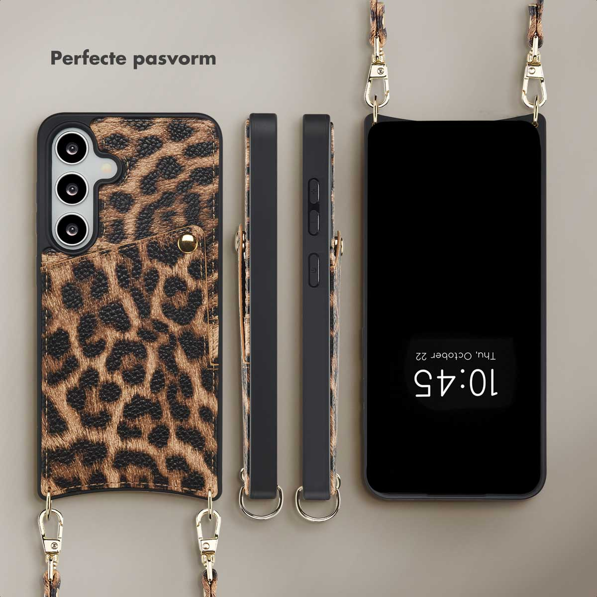 Coque de téléphone avec imprimé léopard, une lanière assortie et un téléphone noir affichant l'heure.