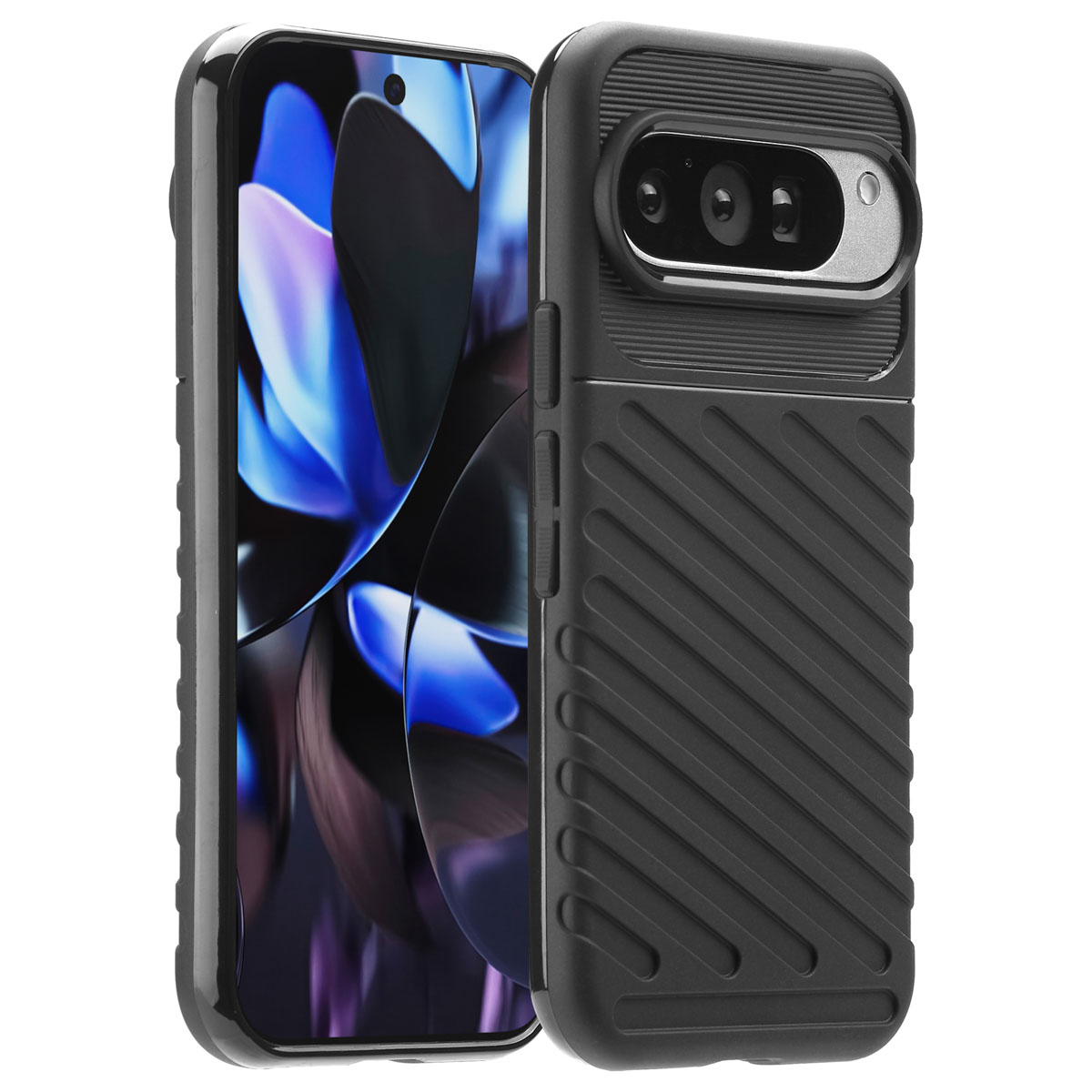Zwarte telefoonhoes met diagonale lijnen, bedekt het grootste deel van een telefoon. Telefoonscherm zichtbaar. Camerabalk.