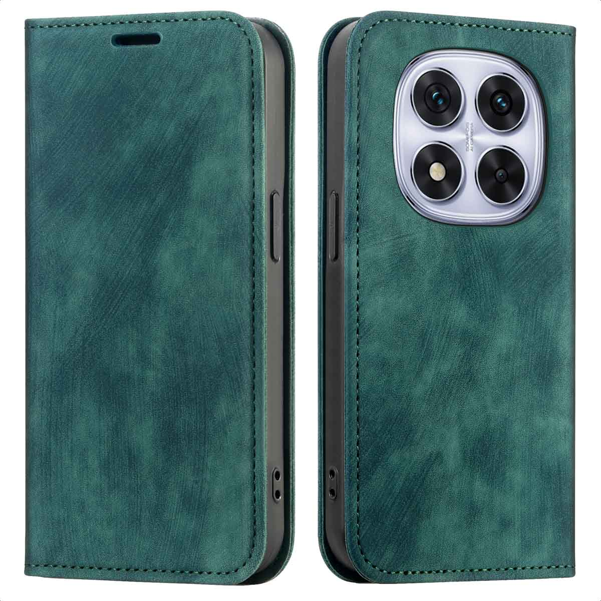 Étui de téléphone en cuir vert, fermé. Il a un motif de couture et une ouverture pour la caméra. Ouvert à droite.
