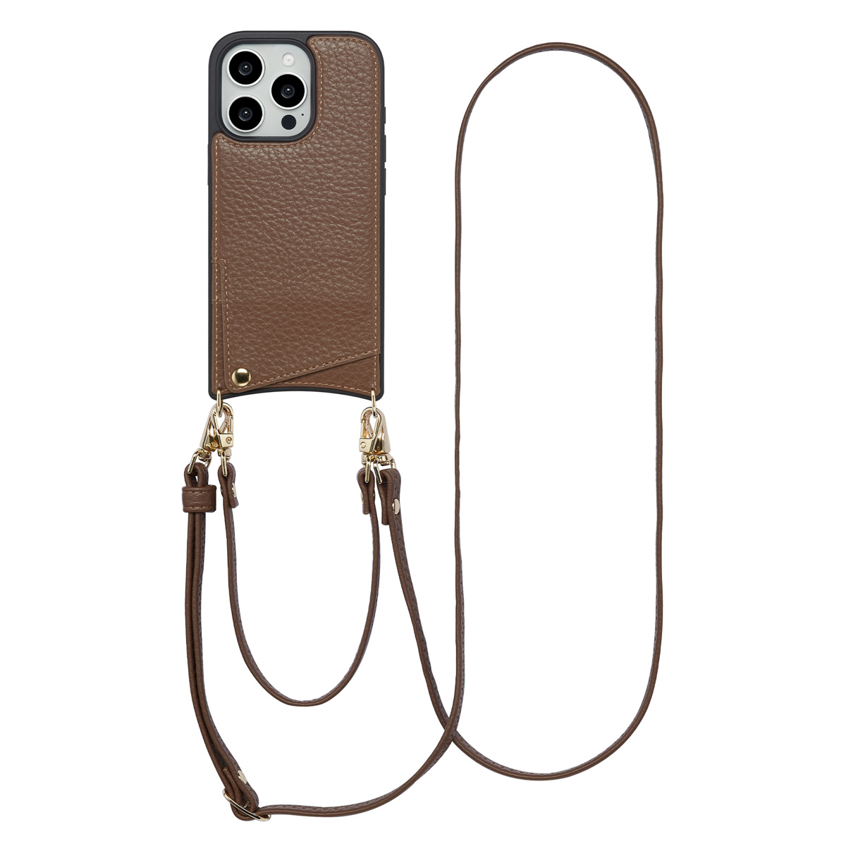 Een bruine leren telefoonhoes met een riem eraan, die de achterkant van de telefoon laat zien. Goudkleurige sluitingen.
