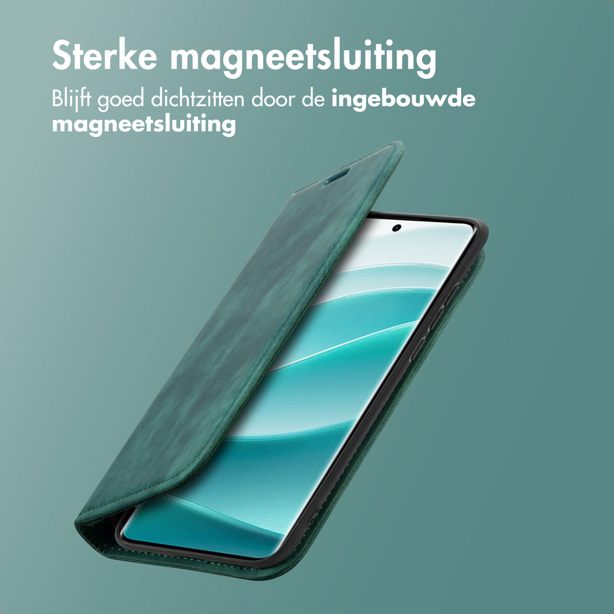 Un étui de téléphone vert, ouvert, révélant l'écran du téléphone. Texte : 'Strong magnetic closure'.