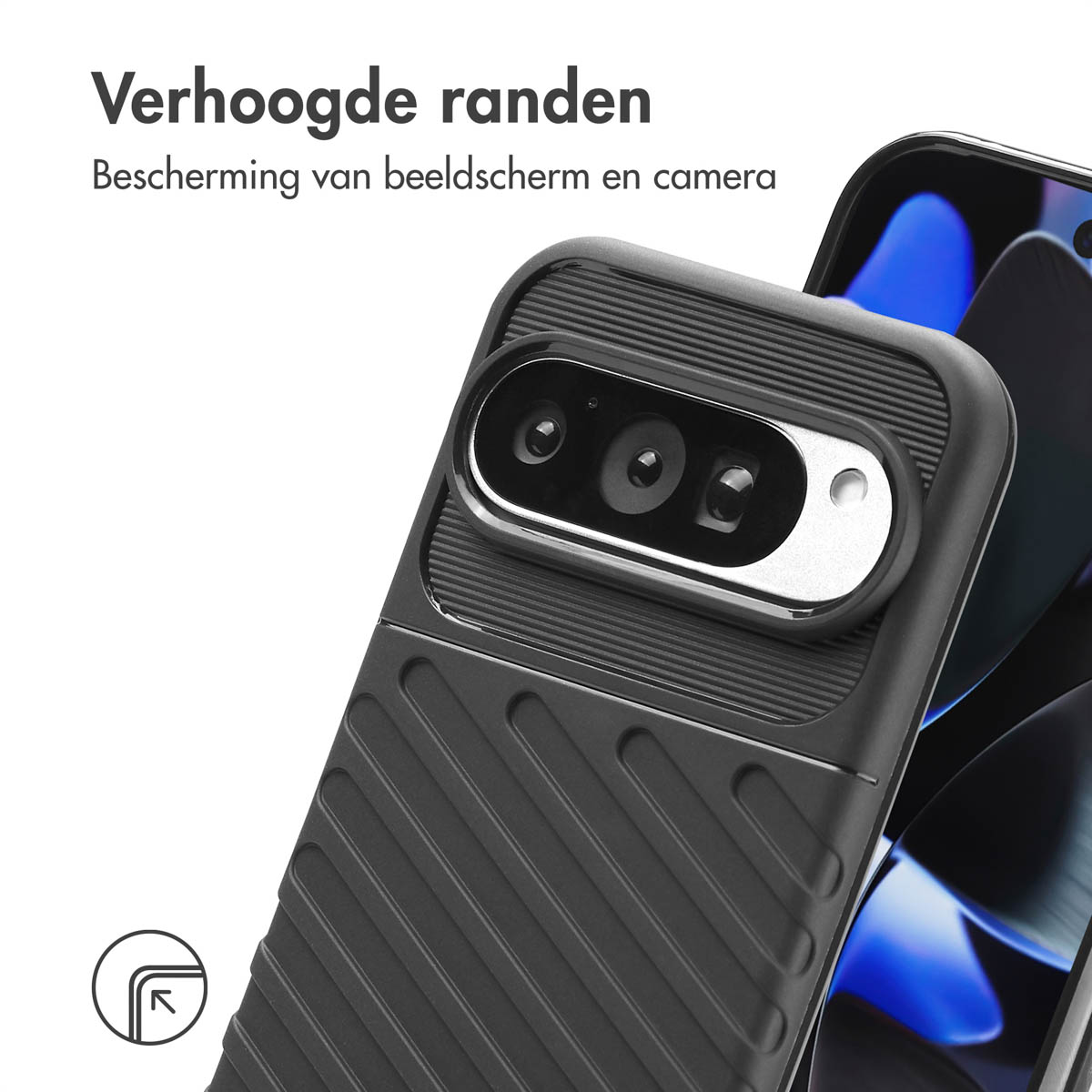 Een close-up van een zwarte telefoonhoes met een telefoon. De hoes heeft een getextureerd oppervlak en een camera.