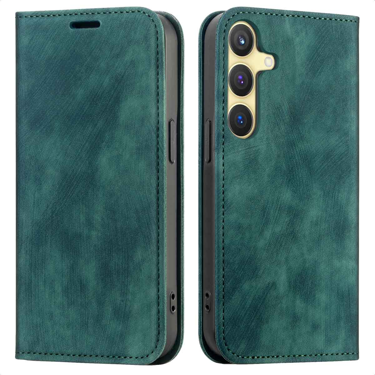 Een blauwgroene telefoonhoes, open en dicht, met de voor- en achterkant. Het heeft een leerachtige textuur.
