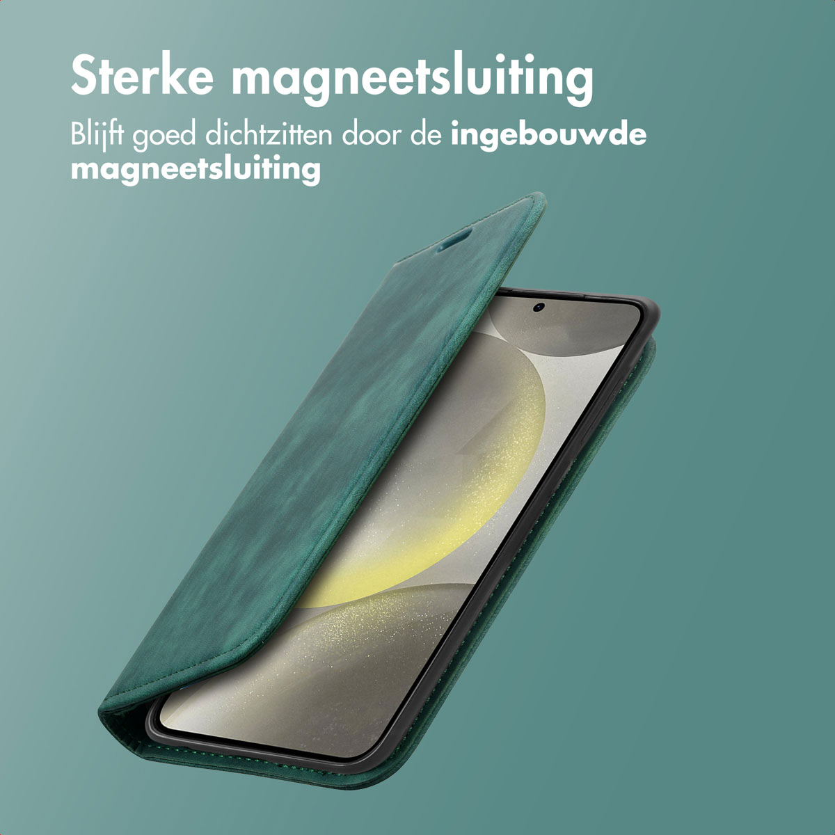 Groene telefoonhoes met telefoon erin. De hoes is open, toont het scherm.