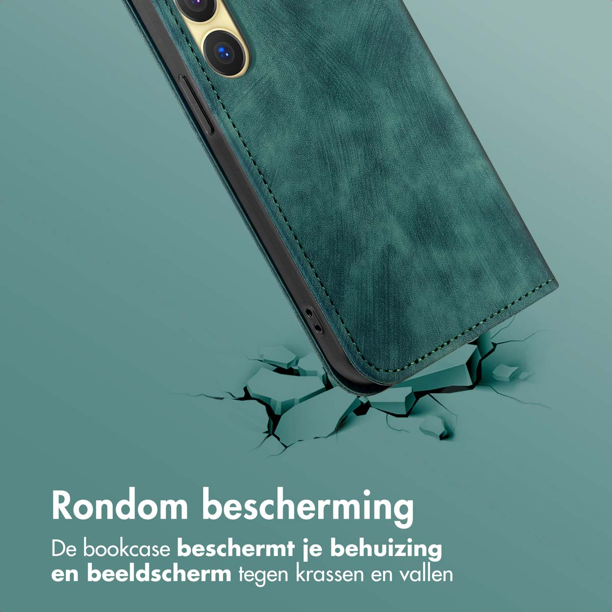Een groene telefoonhoes met een gebarsten oppervlak eronder en de tekst 'Rondom bescherming'.