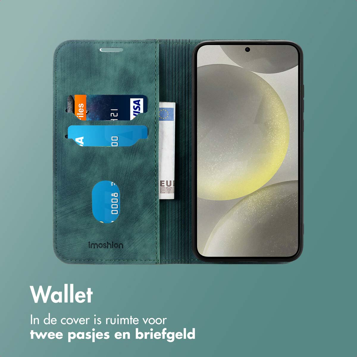 Een open telefoonhoesje met kaarten en geld, en een telefoon rechts. De tekst zegt 'Wallet'.