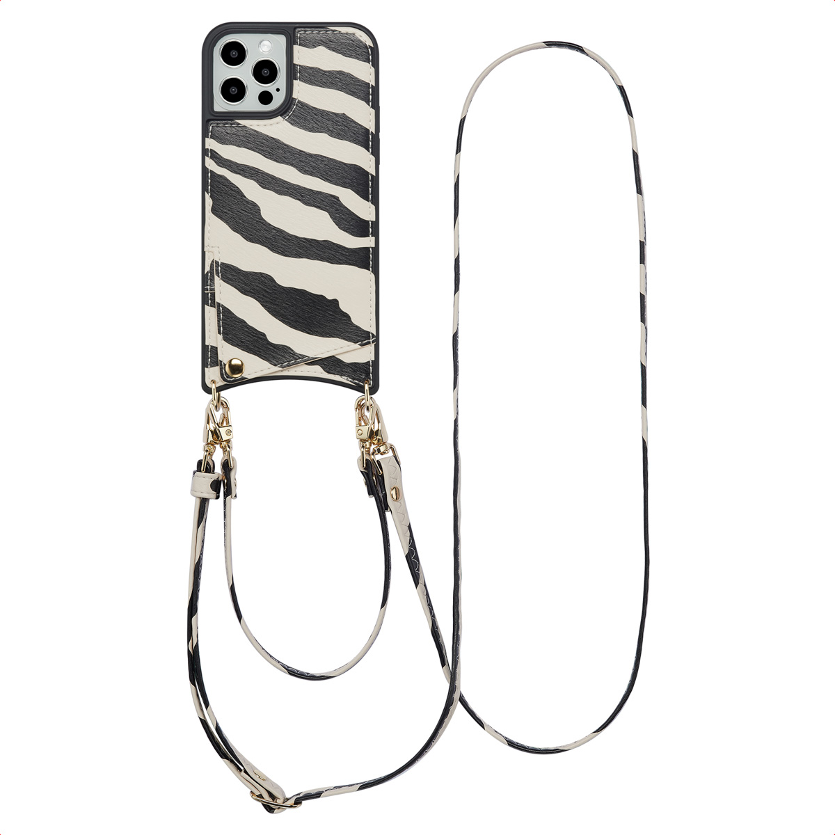 Een zebra-gestreepte telefoonhoes met een riem. De riem is ook zebra-gestreept en hangt naar beneden.