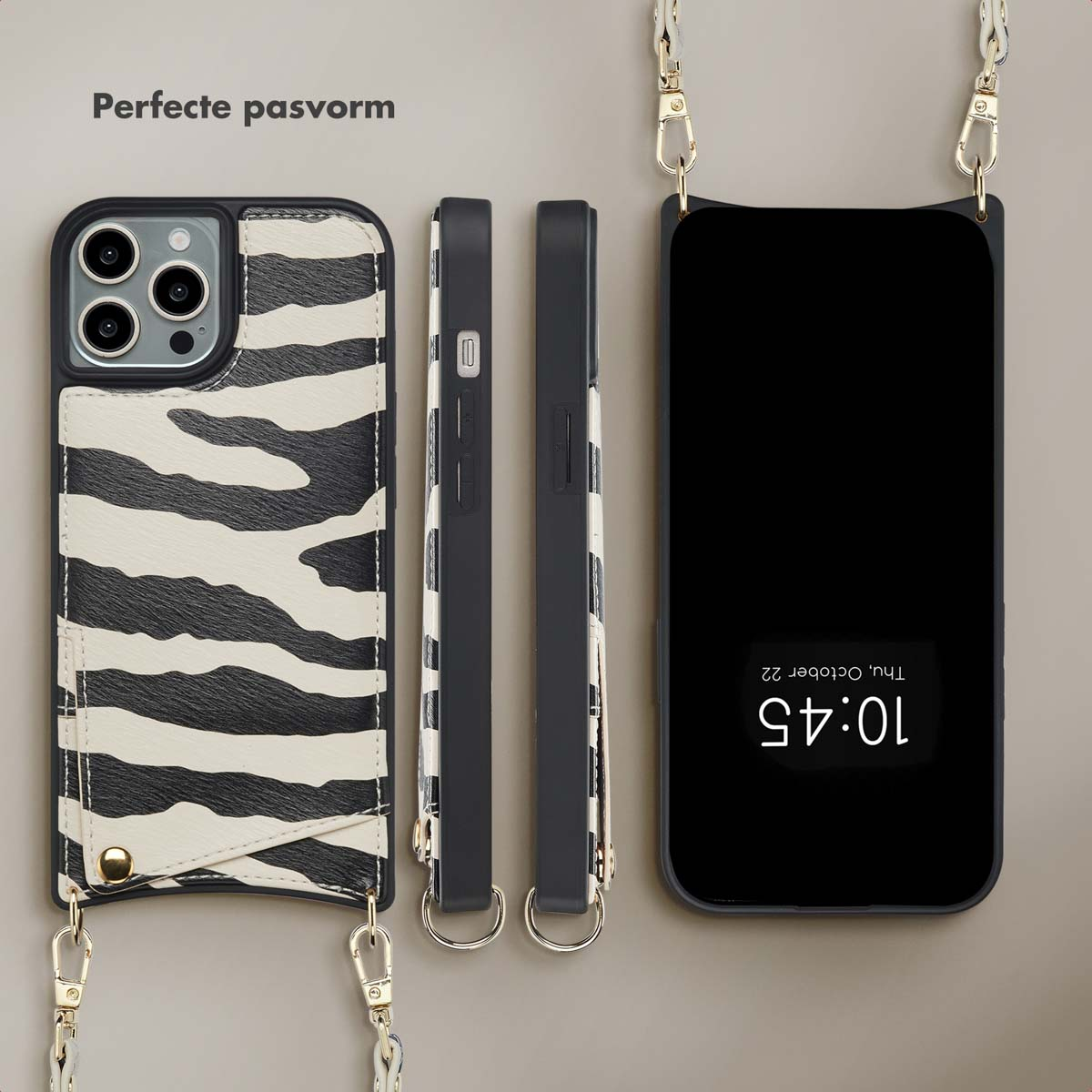 Drie delen van een telefoonhoesje met een zebrapatroon en een telefoon erin. De tekst zegt 'Perfecte pasvorm'.